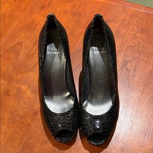 Stuart Weitzman Black Snakeskin Peep Toe Heels